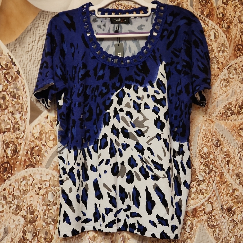 MODELIA Royal Blue and Black/white Leopard Print Knit Soft Blouse M, L New
